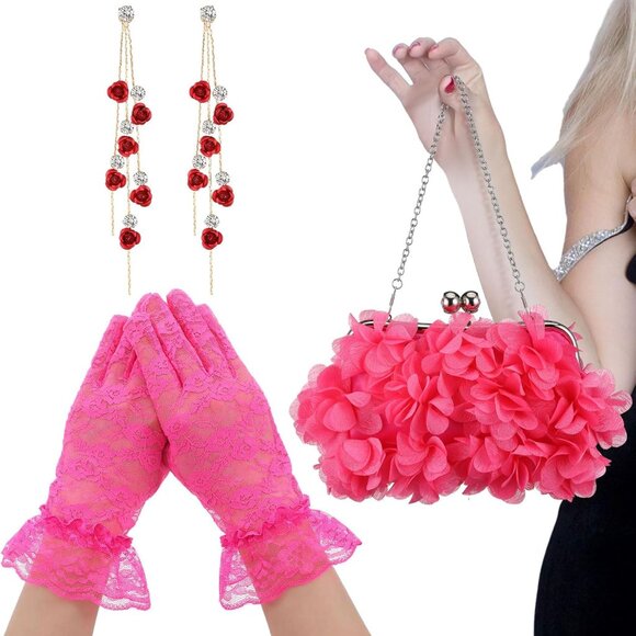 Complete Floral Gift Set: Rose Clutch, Lace Gloves & Dangle Earrings for Parties - Picture 1 of 7